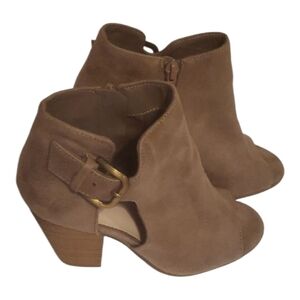 Stylish Tan Suede Like Ankle Booties Heeled Shoe Open Toe Womens Size 7.5 7-1/2